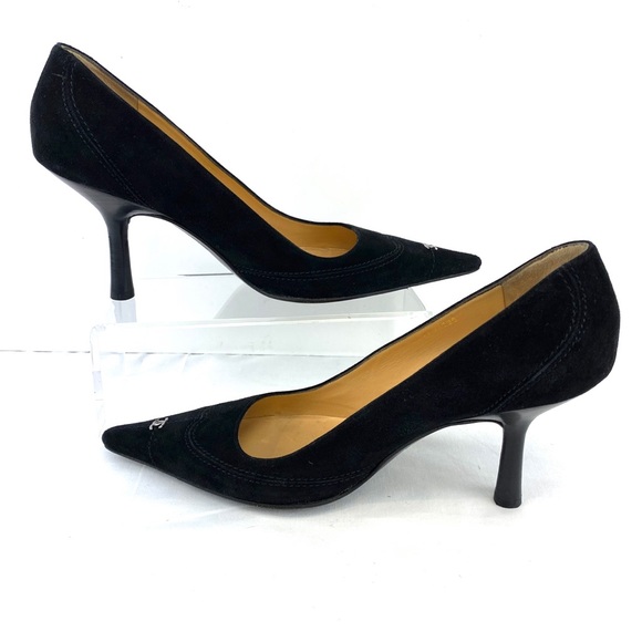 CHANEL Shoes - Chanel Black Suede Pointed Toe Pump Heels size 39.5
